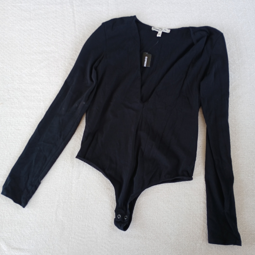 express ♡ cotton plunge vneck long sleeve bodysuit black medium ballet eco